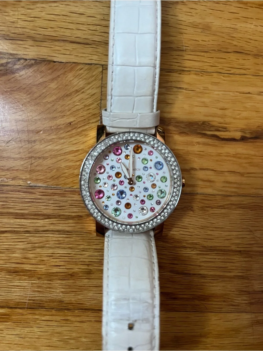 Capri Watch White Leather Strap Watch with Multicolor Crystal Dial